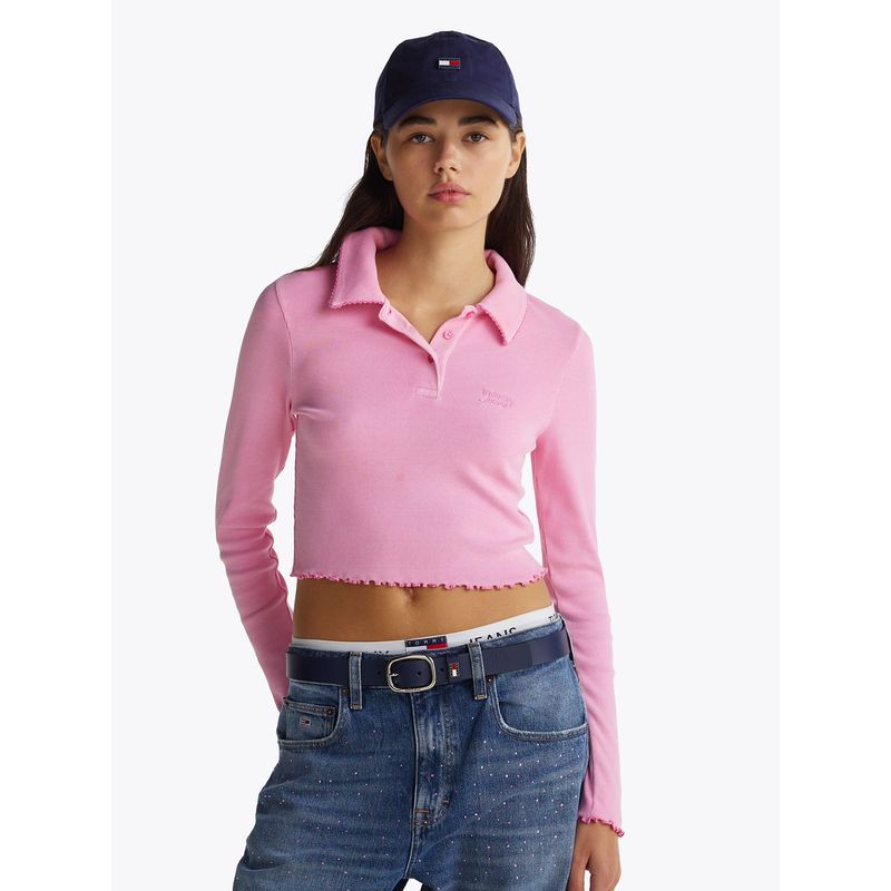 TOMMY HILFIGER - Polo Cropped Slim Fit Rosado Tommy Jeans