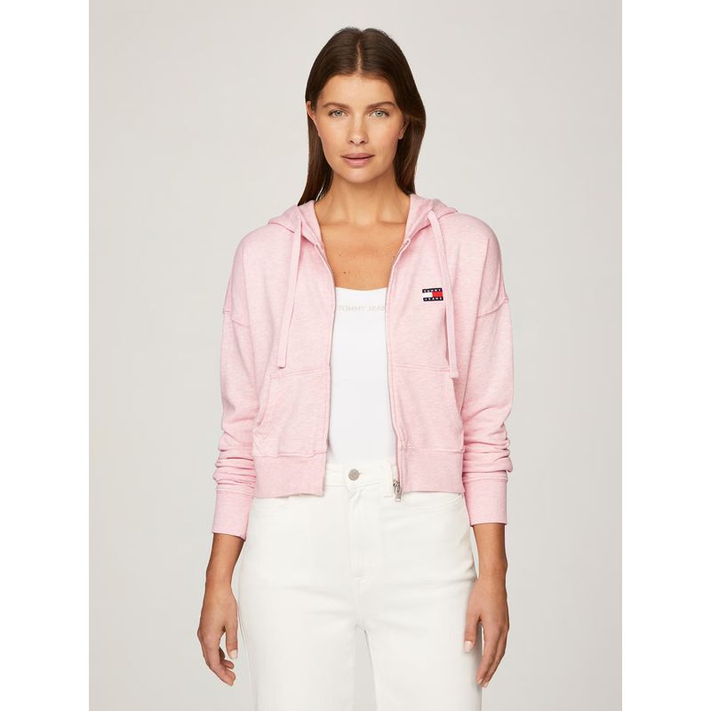 TOMMY HILFIGER - Polerón Hoodie Cropped Con Cierre Rosado Tommy Jeans