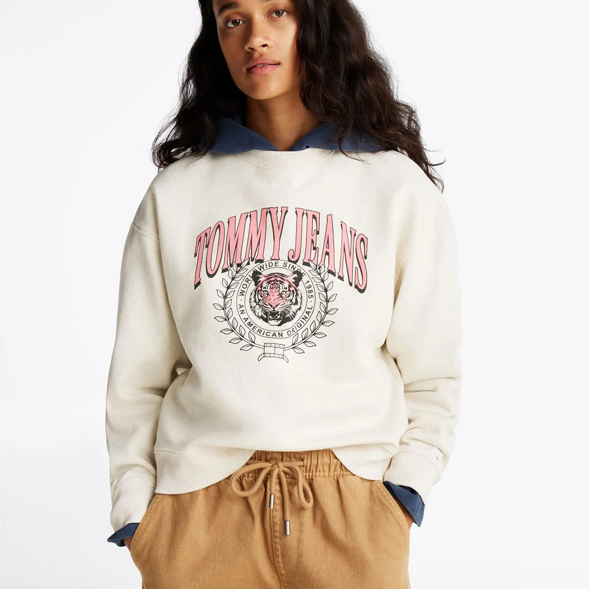 TOMMY HILFIGER - Polerón Relaxed Tiger Varsity Logo Beige Tommy Jeans