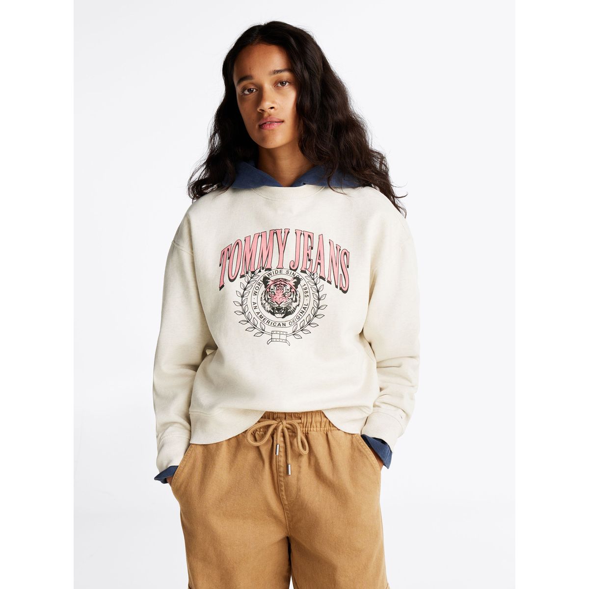 TOMMY HILFIGER - Polerón Relaxed Tiger Varsity Logo Beige Tommy Jeans