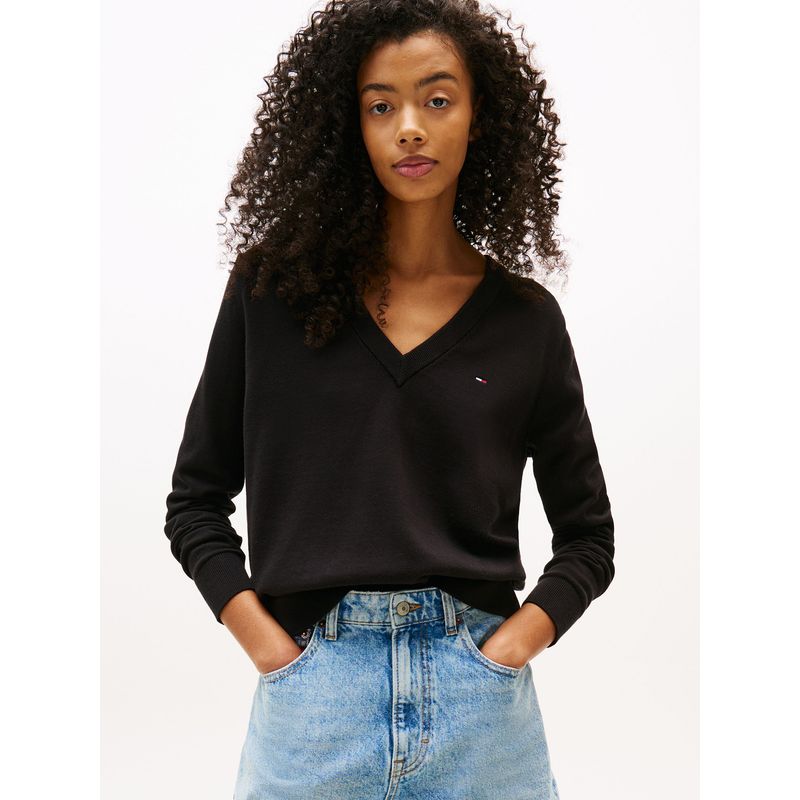 TOMMY HILFIGER - Sweater Essential V-Neck Con Logo Negro Tommy Jeans