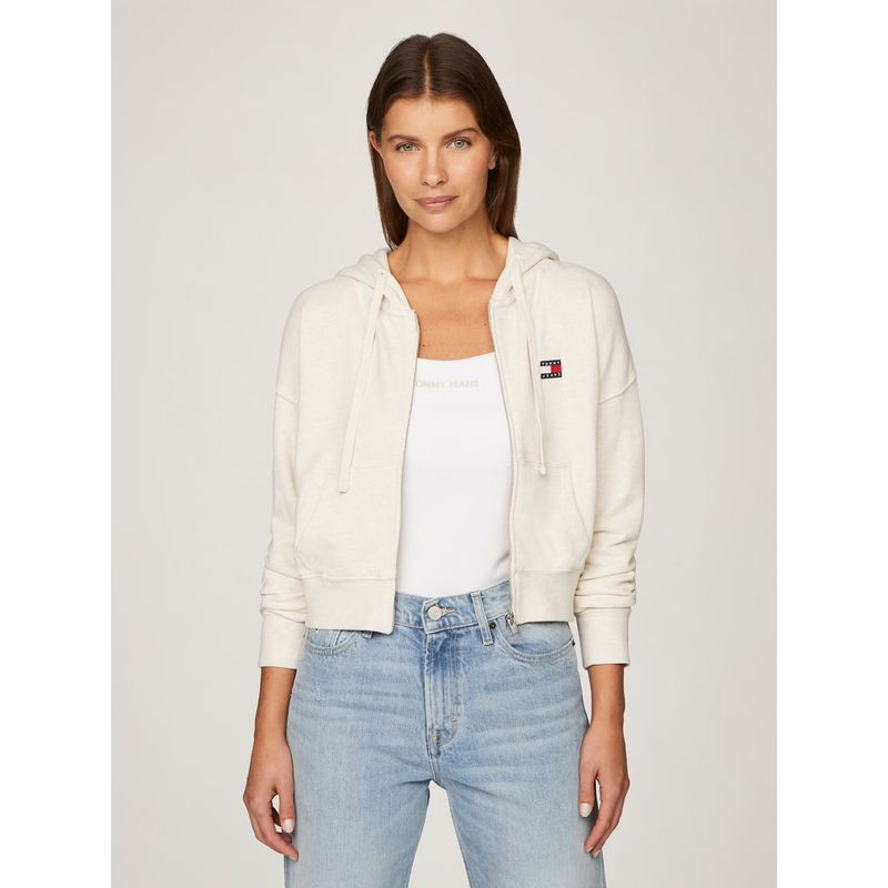 TOMMY HILFIGER - Polerón Hoodie Cropped Con Cierre Beige Tommy Jeans