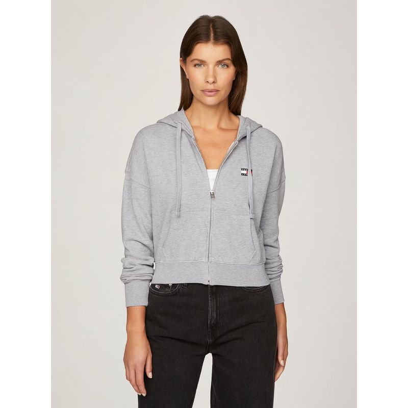 TOMMY HILFIGER - Polerón Hoodie Cropped Con Cierre Gris Tommy Jeans