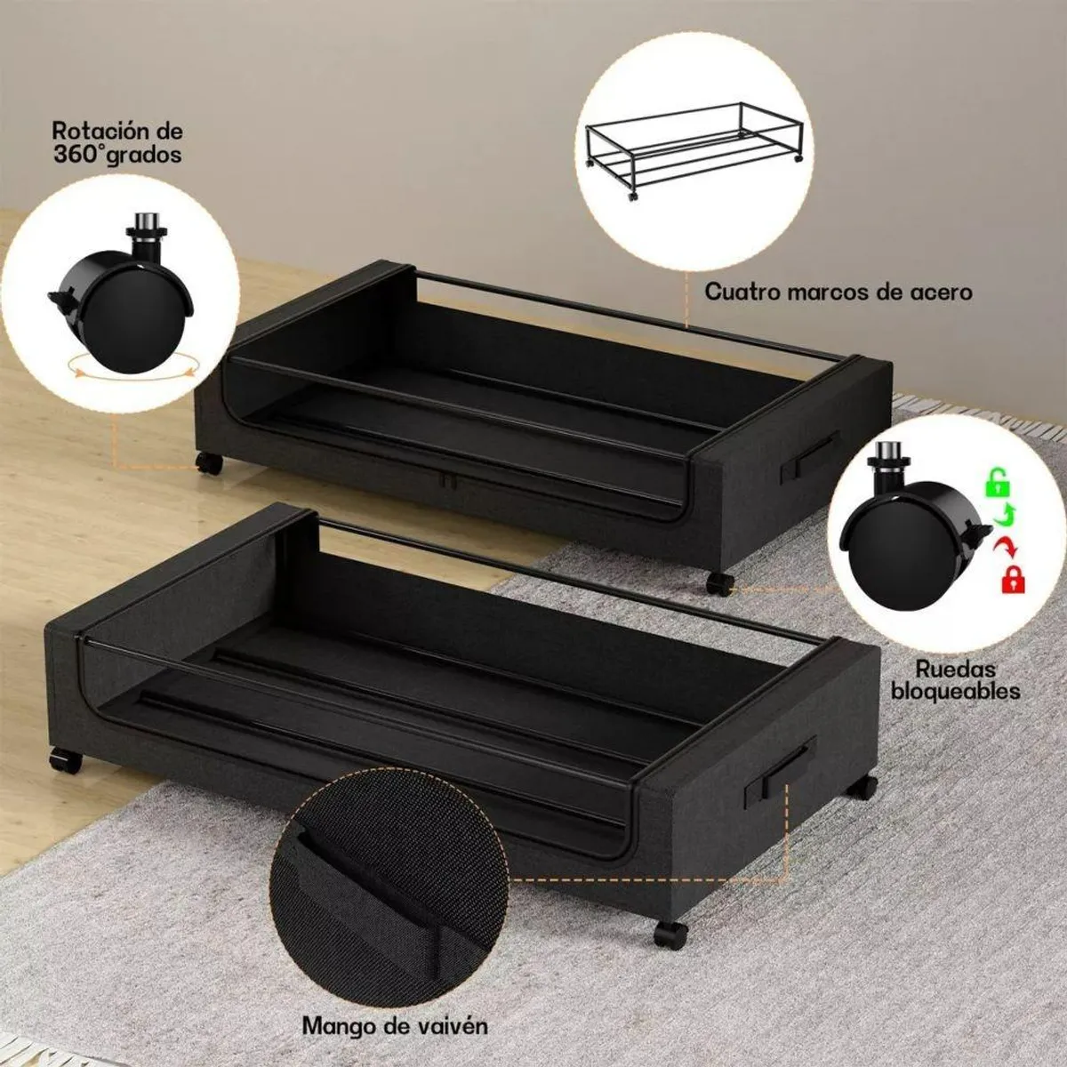Organizador Bajo Cama con Ruedas - 2 Piezas 80x43x16 cm, marca GENERICO - Foto 2