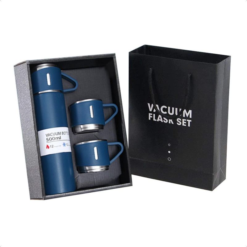GENERICO - Set de Termo de Acero Inoxidable con 2 Tazas Aislantes - 500 ml