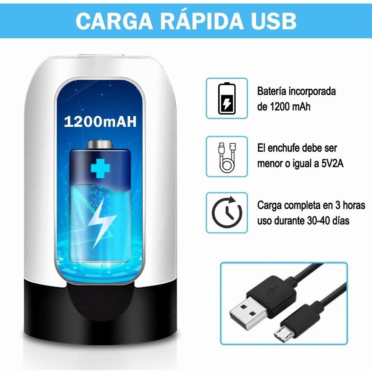 GENERICO - Dispensador de Agua Eléctrico Recargable USB Bomba Práctica y Segura.