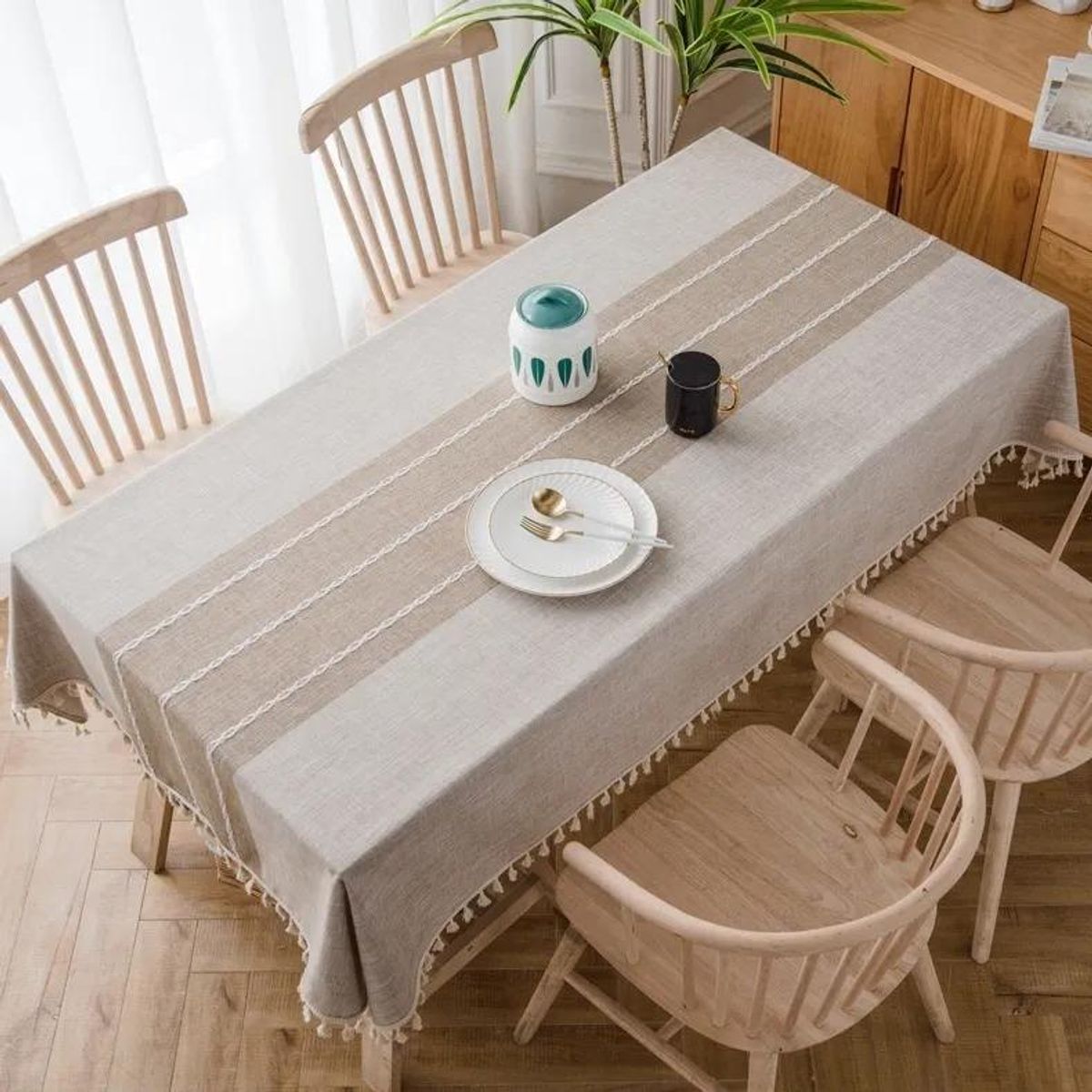 GENERICO - Mantel Rectangular Beige con Borlas de Algodón 142+10x220cm