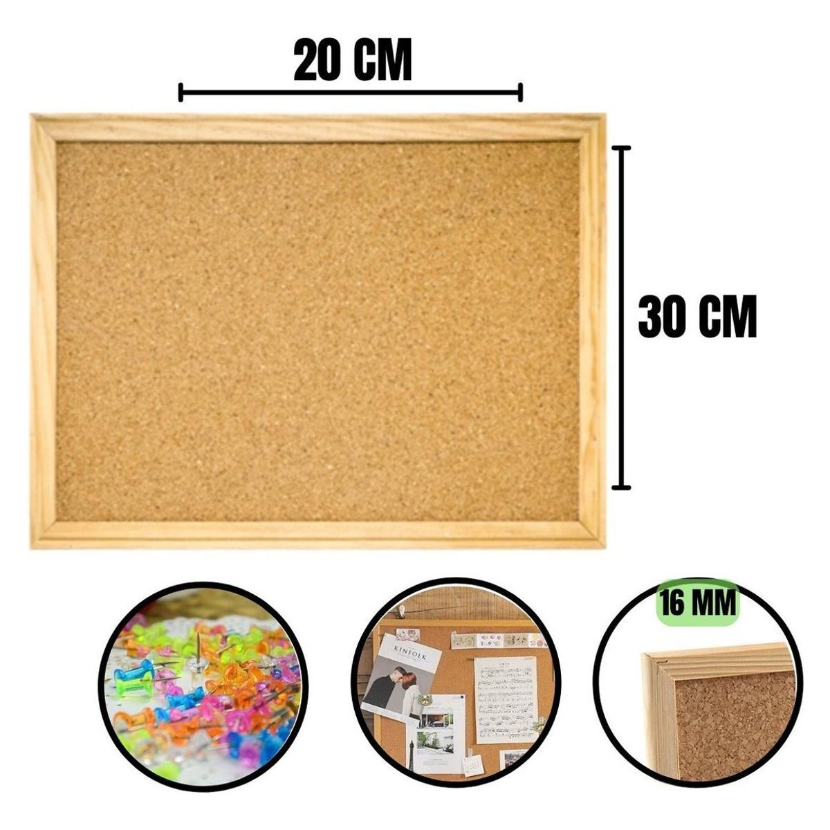 GENERICO - Pizarra de Corcho con Borde de Madera 20 x 30 cm