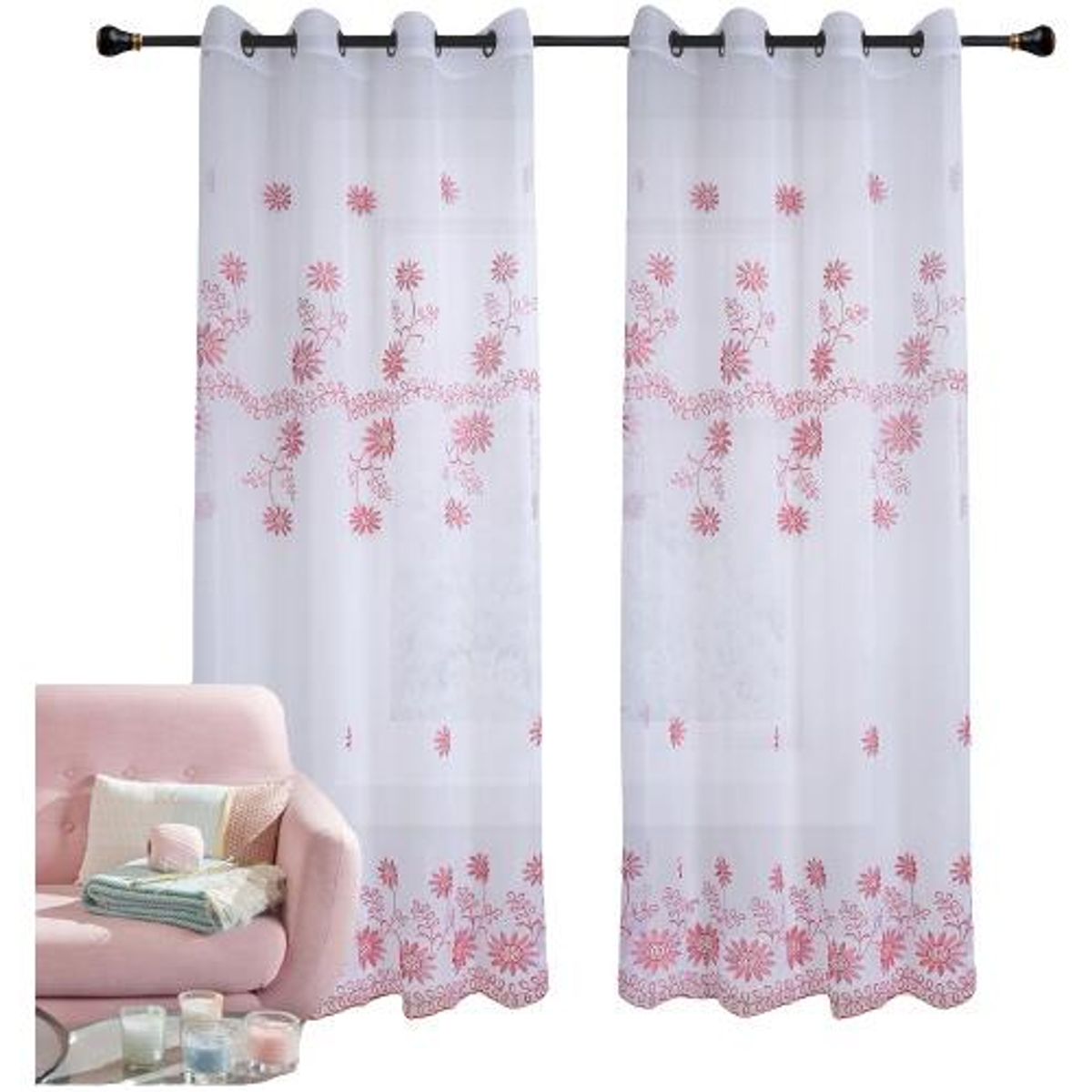 GENERICO - Visillo Velo Bordado con Argolla de 140x220 cm 2 Paños