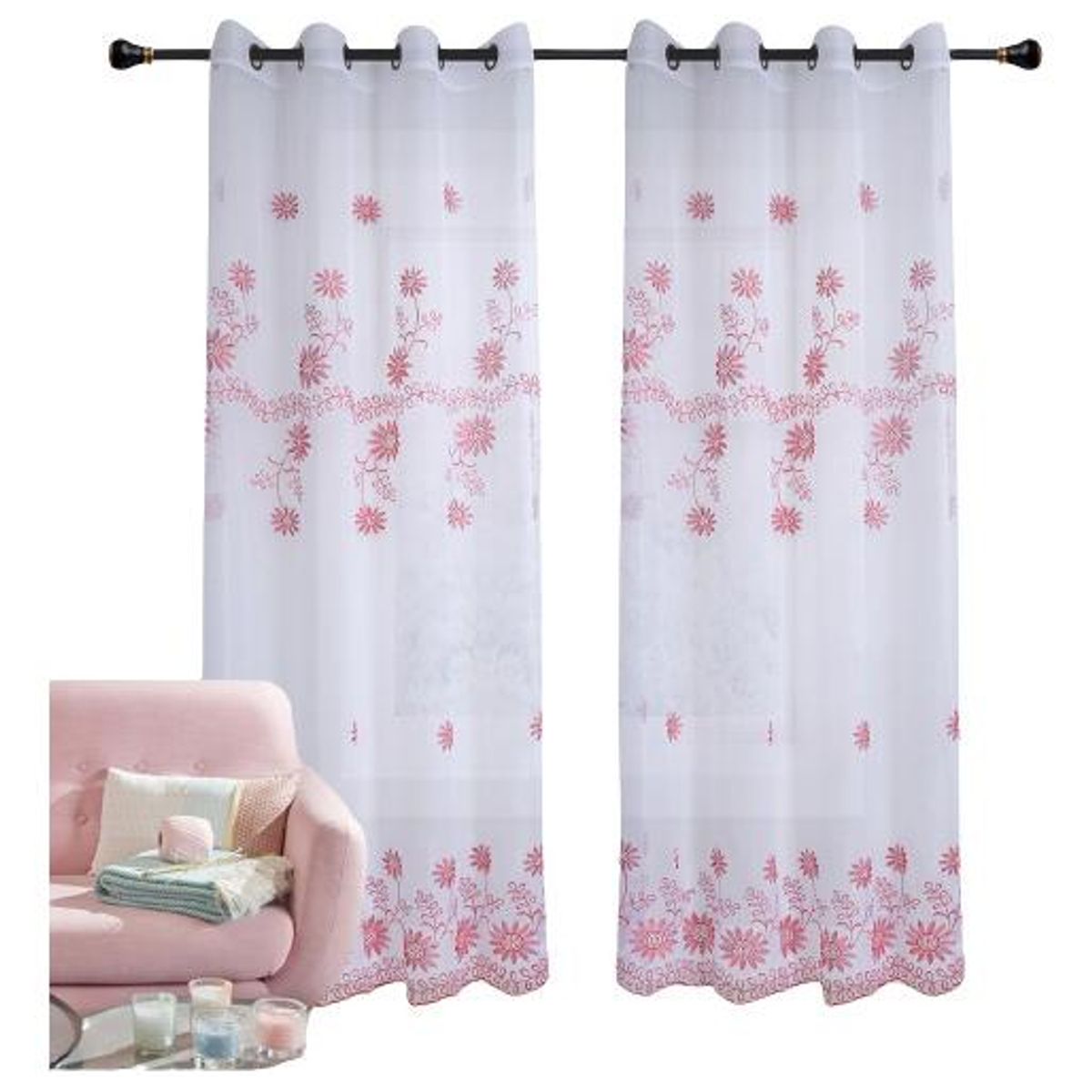 GENERICO - Visillo Velo Bordado con Argolla de 140x220 cm 2 Paños