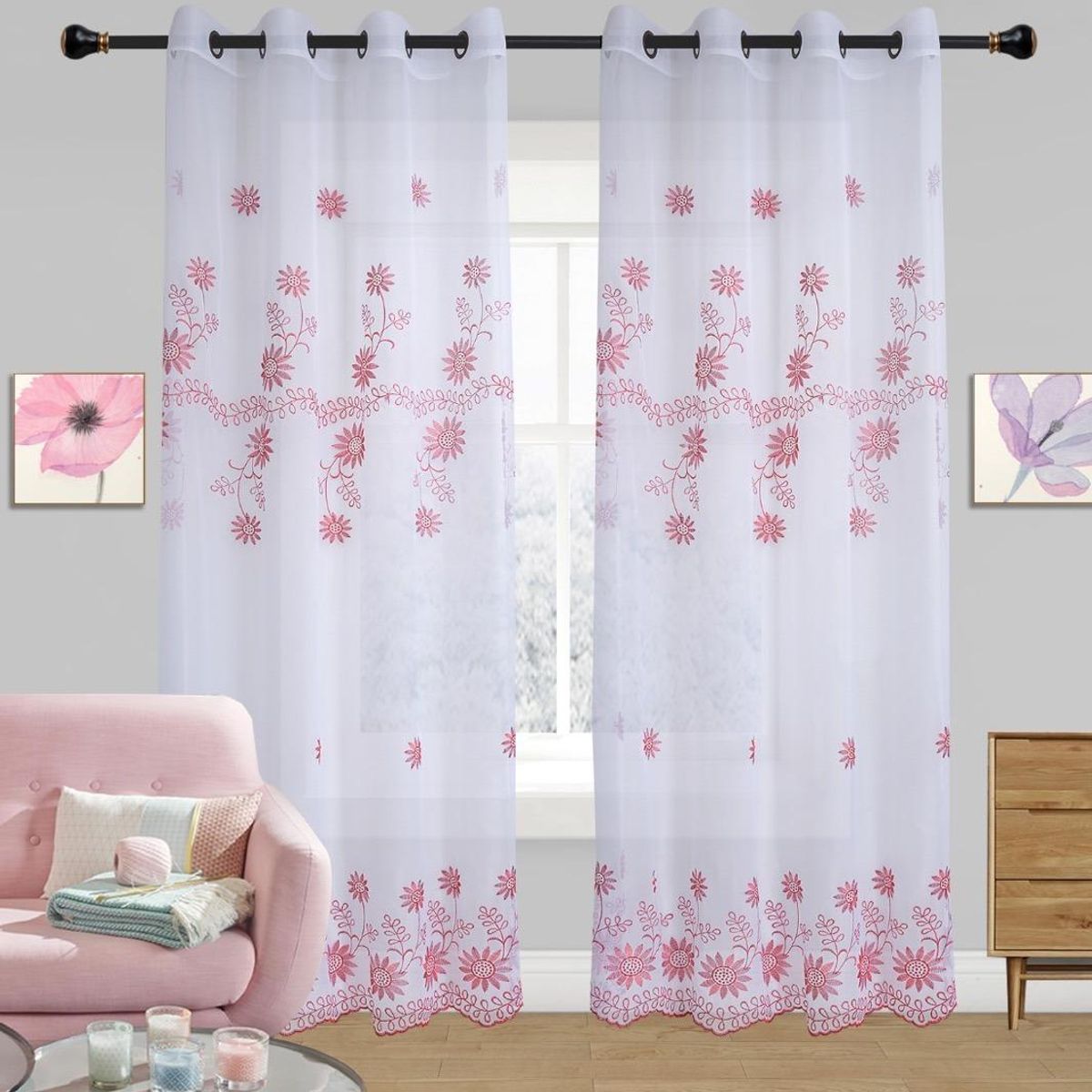 GENERICO - Visillo Velo Bordado con Argolla de 140x220 cm 2 Paños