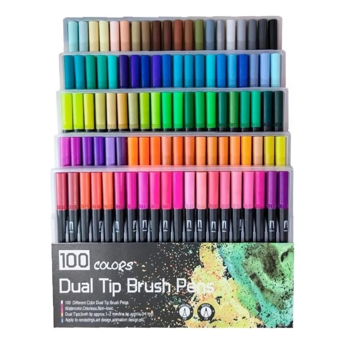 GENERICO - 100 Marcadores Doble Punta Tipo Pincel en Colores Vibrantes