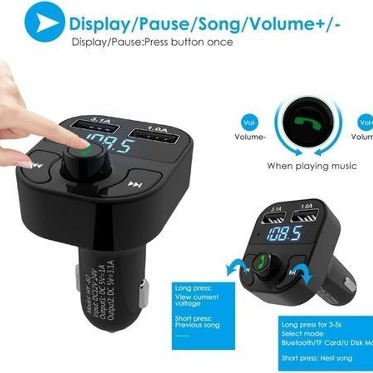 GENERICO - Transmisor Bluetooth FM y Cargador USB para Auto 31A