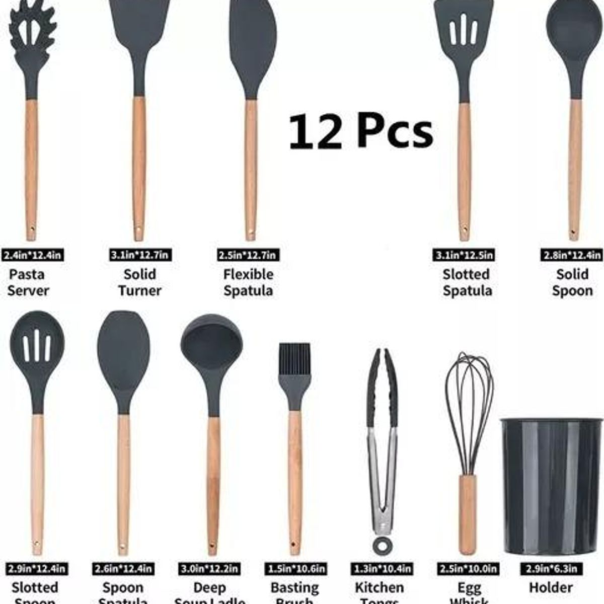 GENERICO - Set de 12 Utensilios de Cocina en Silicona y Madera
