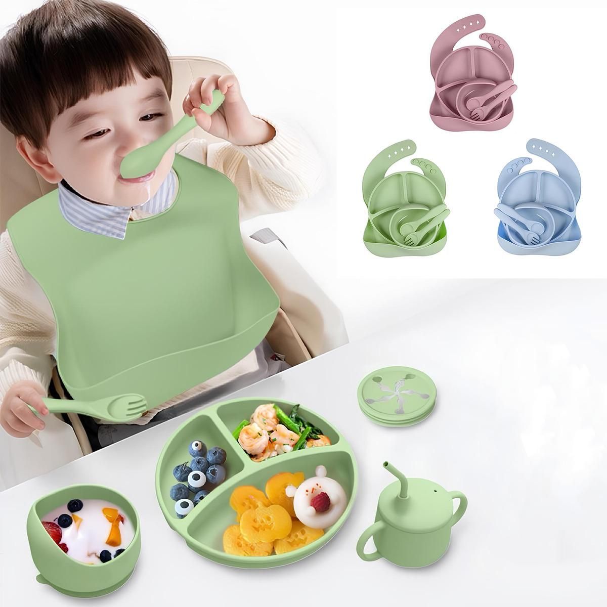 GENERICO - Set de Vajilla de Silicona para Bebés 7 Piezas Coloridas