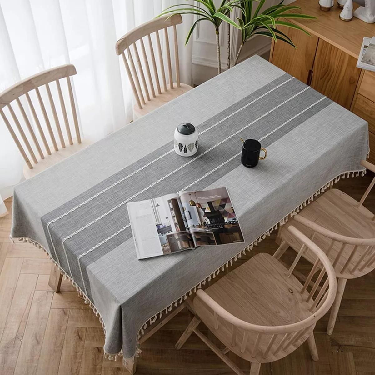 GENERICO - Mantel Rectangular de Algodón con Borde de Borla 142+10x220cm