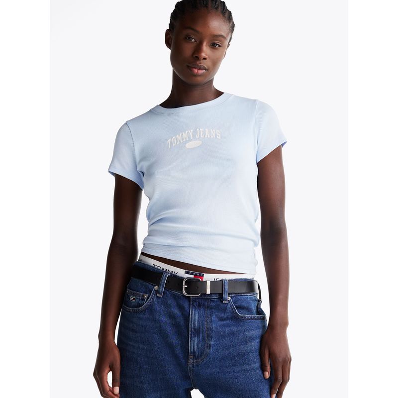TOMMY HILFIGER - Polera Varsity Acanalada Slim Fit Celeste Tommy Jeans