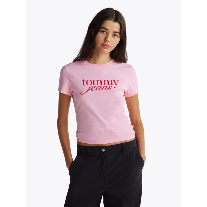 TOMMY HILFIGER - Polera Essential Logo Slim Fit Rosado Tommy Jeans