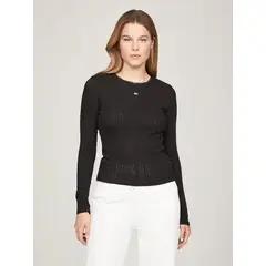 TOMMY HILFIGER - Polera Pointelle Con Logo Slim Fit Negro Tommy Jeans