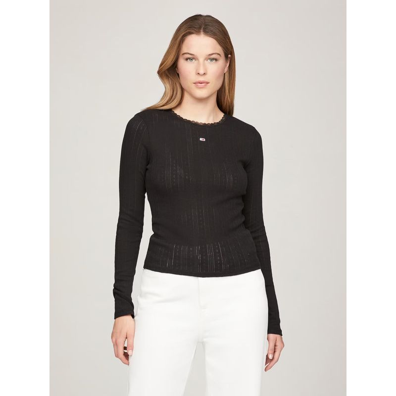 TOMMY HILFIGER - Polera Pointelle Con Logo Slim Fit Negro Tommy Jeans