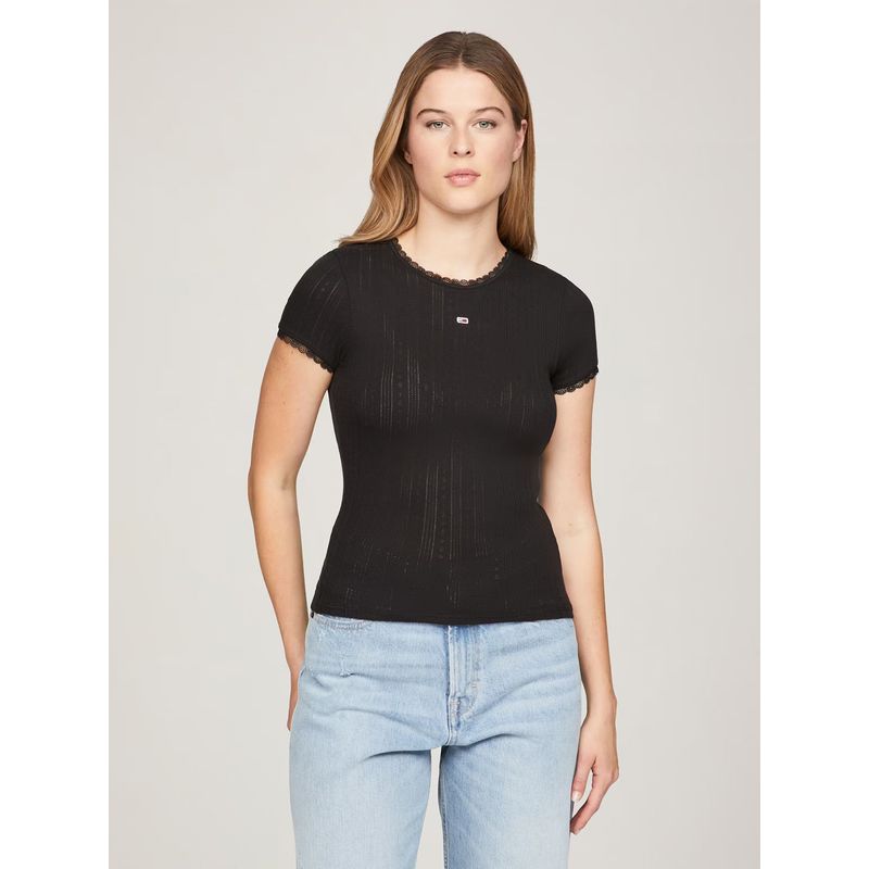 TOMMY HILFIGER - Polera Pointelle Slim Fit Con Logo Negro Tommy Jeans