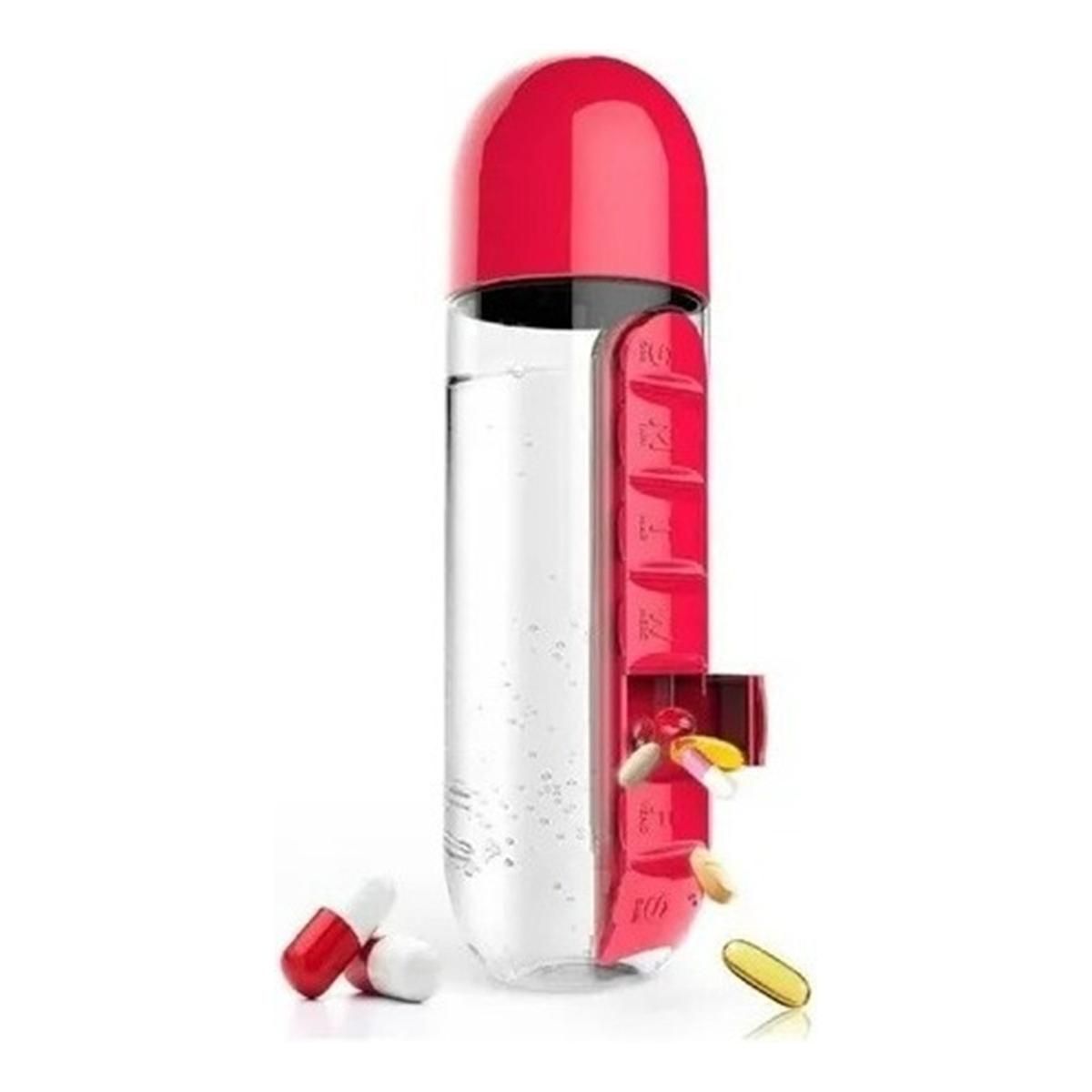 GENERICO - Botella de Agua 600ml con Organizador de Pastillas Rojo