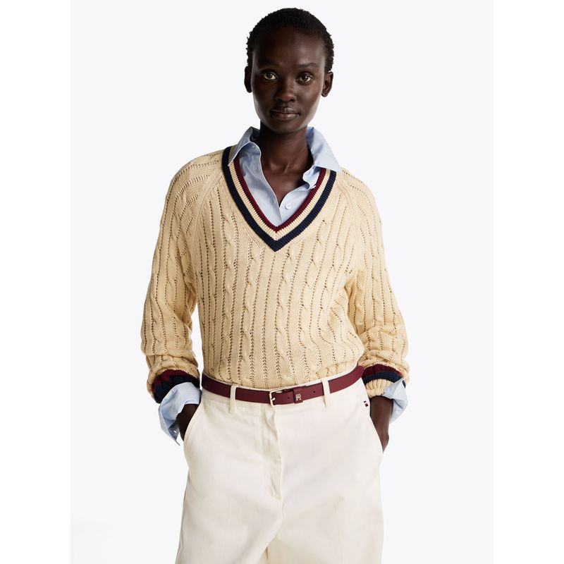TOMMY HILFIGER - Sweater Varsity V-Neck Beige Tommy Hilfiger