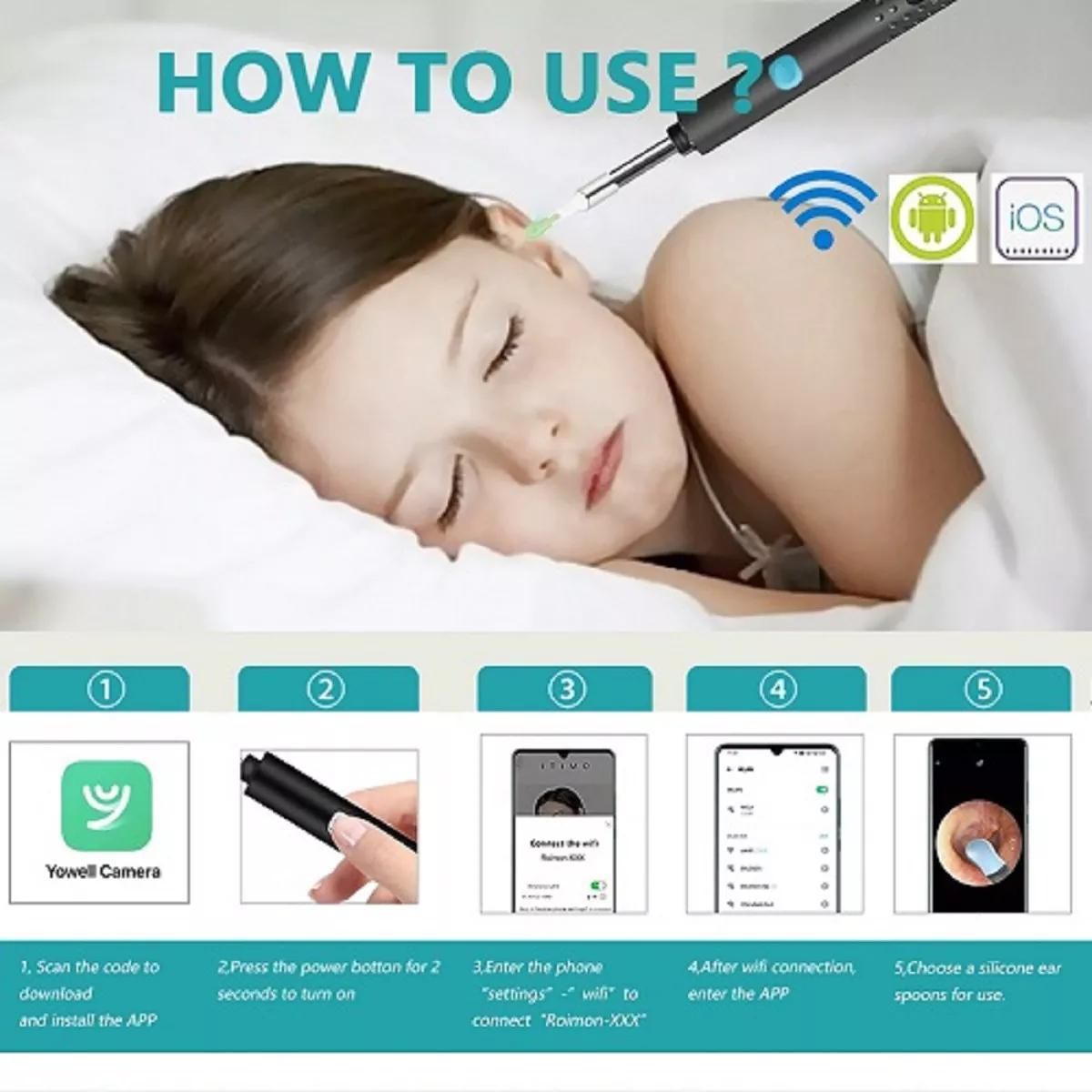 GENERICO - Kit de Limpieza de Oídos con Cámara Otoscopio 1080p WiFi