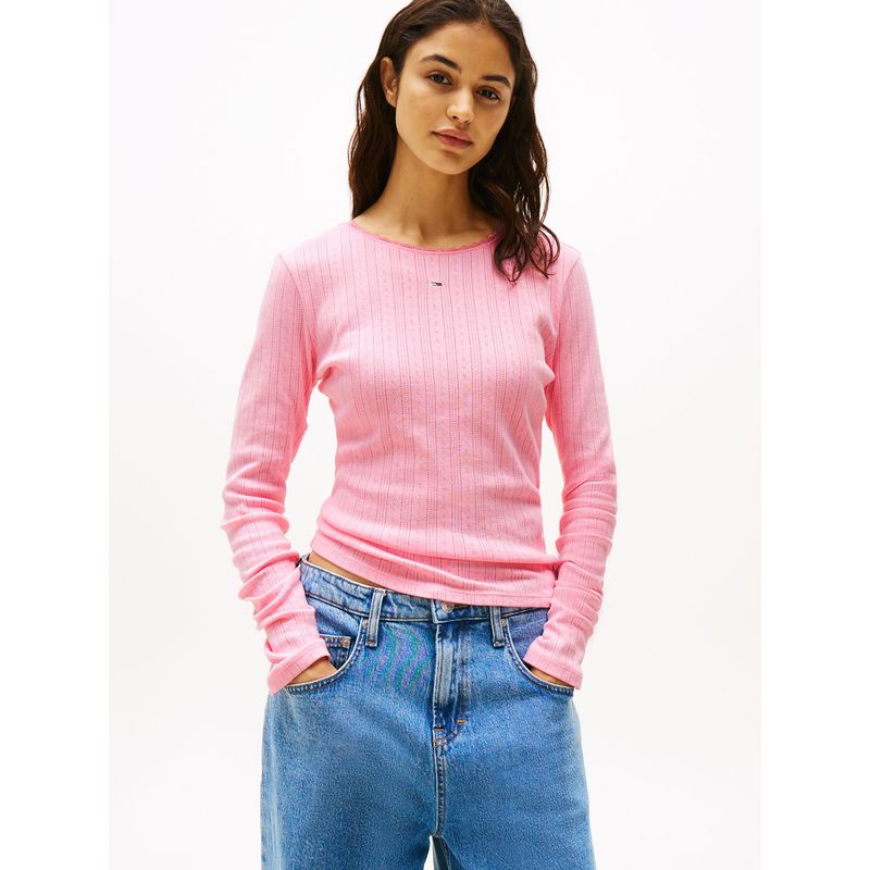 TOMMY HILFIGER - Polera Pointelle Con Logo Slim Fit Rosado Tommy Jeans