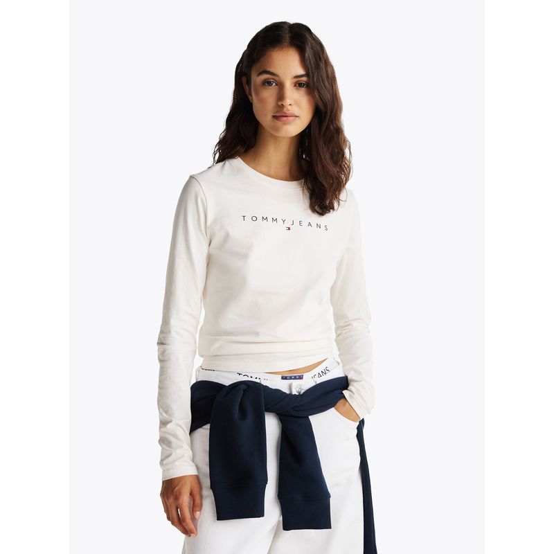 TOMMY HILFIGER - Polera Linear Logo Slim Fit Blanco Tommy Jeans