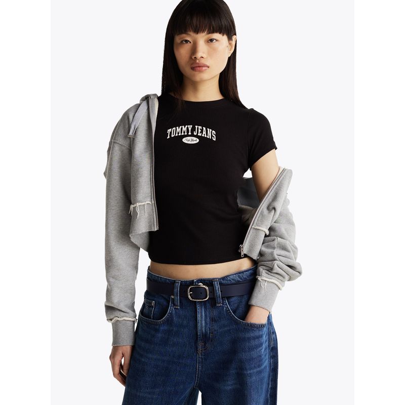 TOMMY HILFIGER - Polera Varsity Acanalada Slim Fit Negro Tommy Jeans