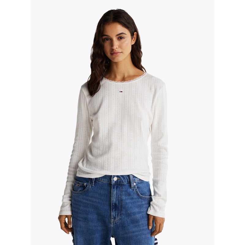TOMMY HILFIGER - Polera Pointelle Con Logo Slim Fit Blanco Tommy Jeans