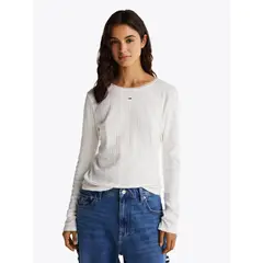 TOMMY HILFIGER - Polera Pointelle Con Logo Slim Fit Blanco Tommy Jeans