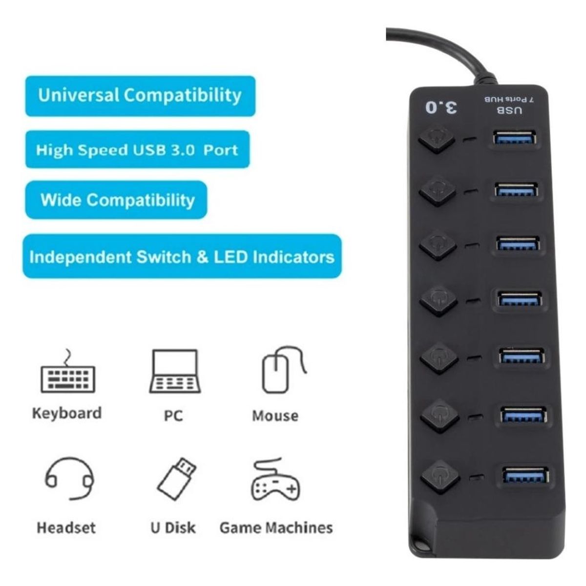 GENERICO - Hub Splitter USB 30 con 7 Puertos y Cable de 30 cm