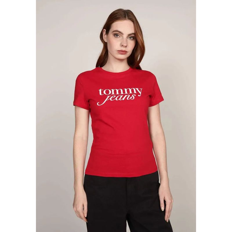 TOMMY HILFIGER - Polera Essential Logo Slim Fit Rojo Tommy Jeans