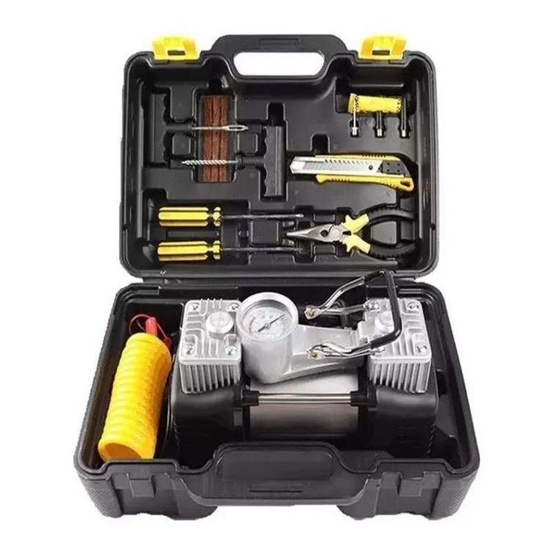 GENERICO - Compresor de Aire Doble Cilindro 12V con Kits de Herramientas