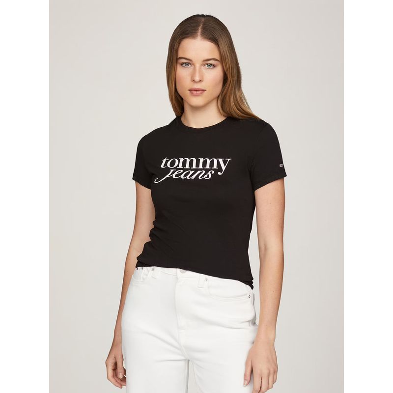 TOMMY HILFIGER - Polera Essential Logo Slim Fit Negro Tommy Jeans