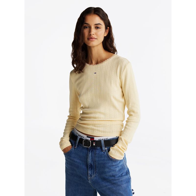 TOMMY HILFIGER - Polera Pointelle Con Logo Slim Fit Beige Tommy Jeans