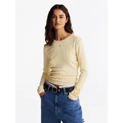 TOMMY HILFIGER - Polera Pointelle Con Logo Slim Fit Beige Tommy Jeans