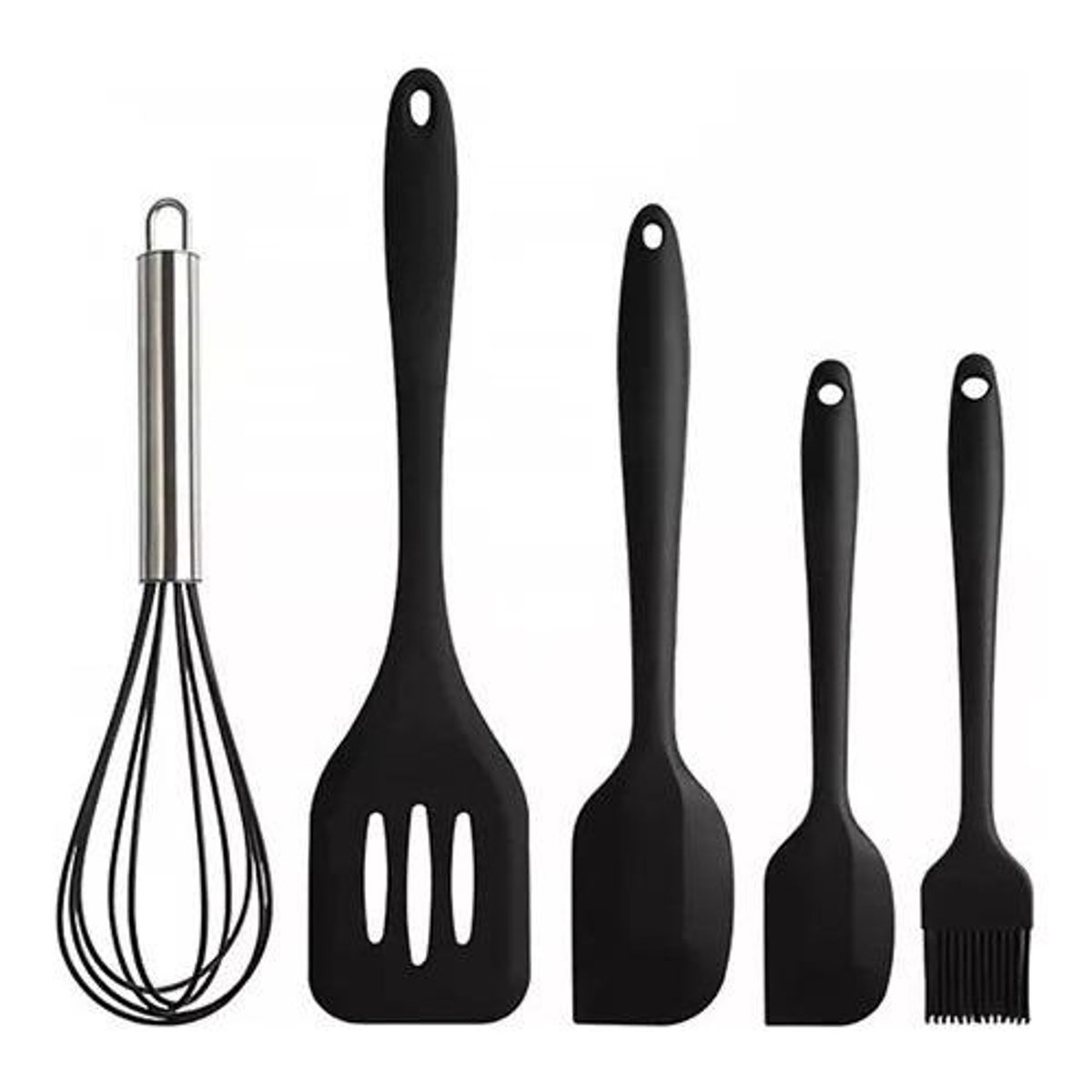 GENERICO - Set de 5 Utensilios de Cocina de Silicona y Acero Negro