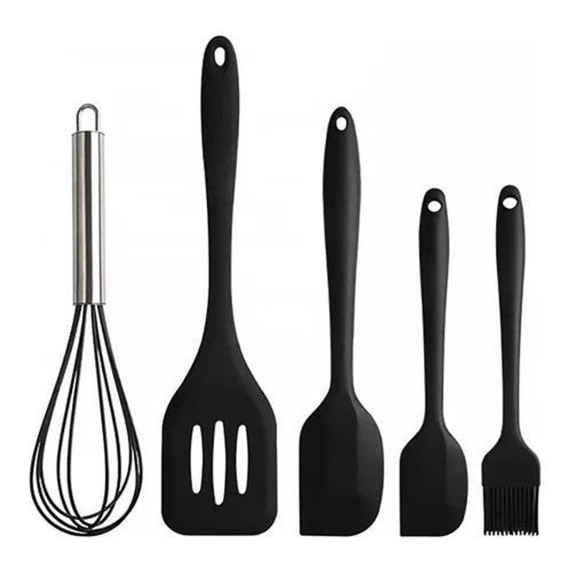 GENERICO - Set de 5 Utensilios de Cocina de Silicona y Acero Negro