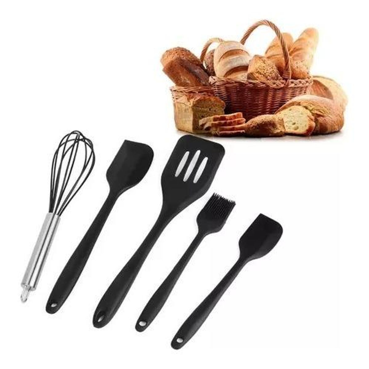 GENERICO - Set de 5 Utensilios de Cocina de Silicona y Acero Negro