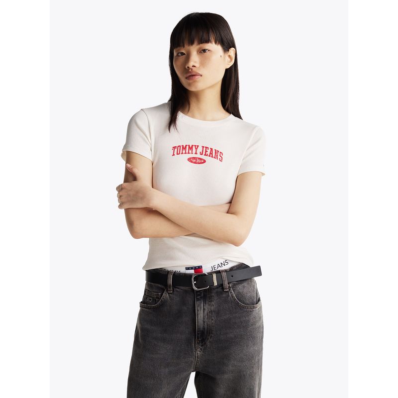 TOMMY HILFIGER - Polera Varsity Acanalada Slim Fit Blanco Tommy Jeans