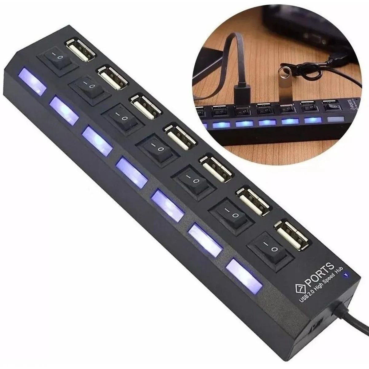 GENERICO - Hub USB 20 de 7 Puertos con Interruptores y LED