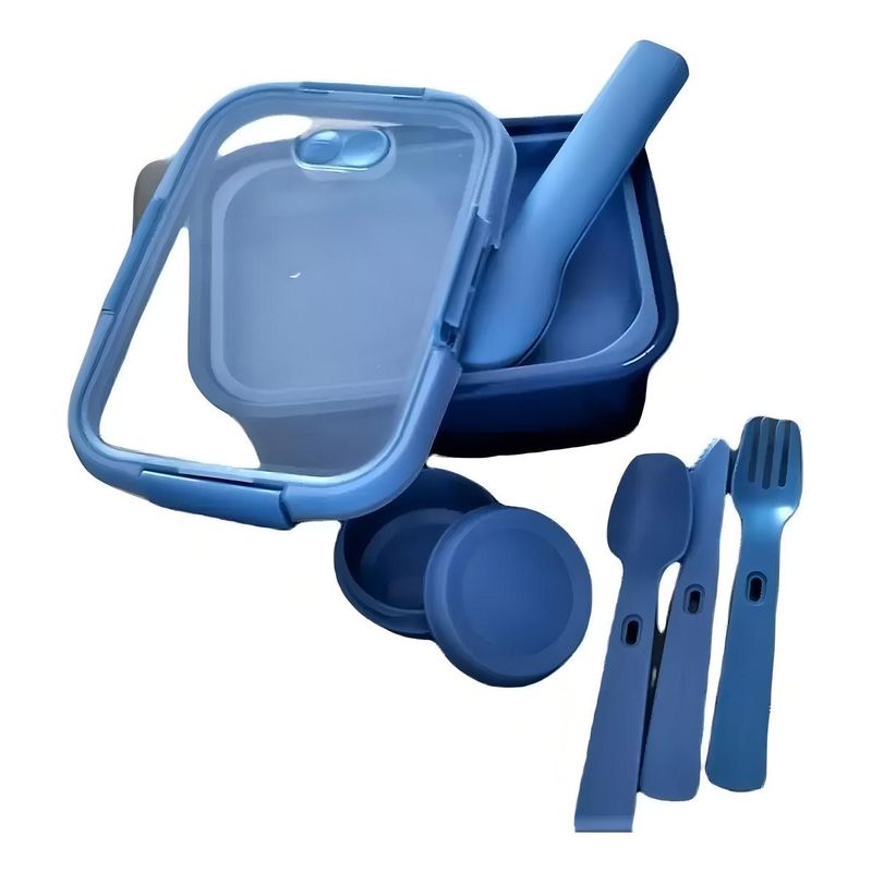 GENERICO - Contenedor Hermético de Comida Azul con Cubiertos Incluidos