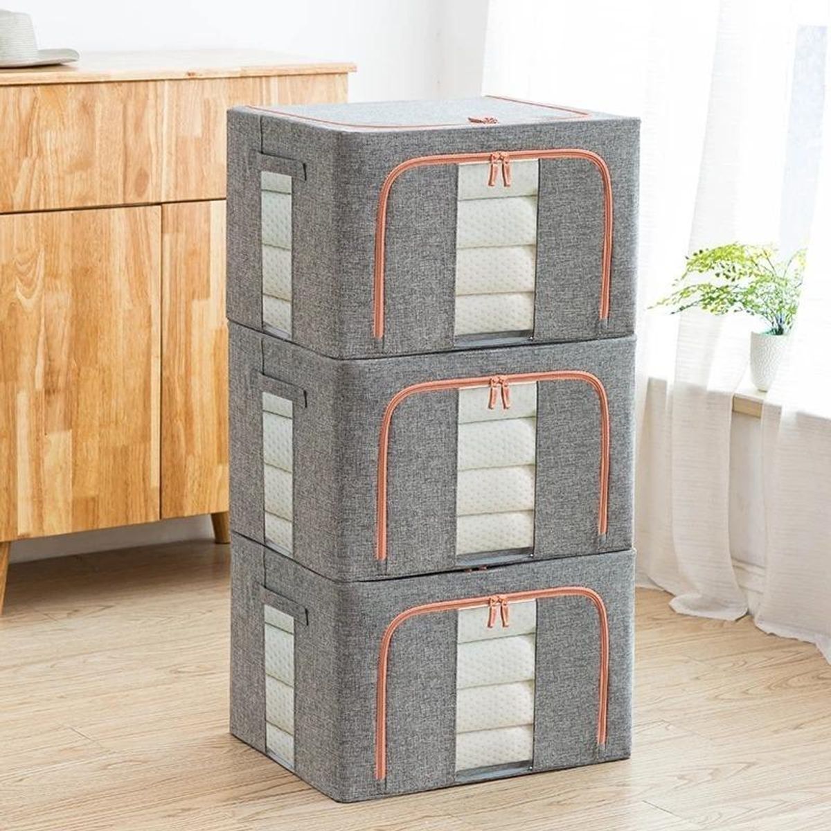 GENERICO - Pack de 3 Cajas de Almacenamiento de Lino con Soporte Metálico