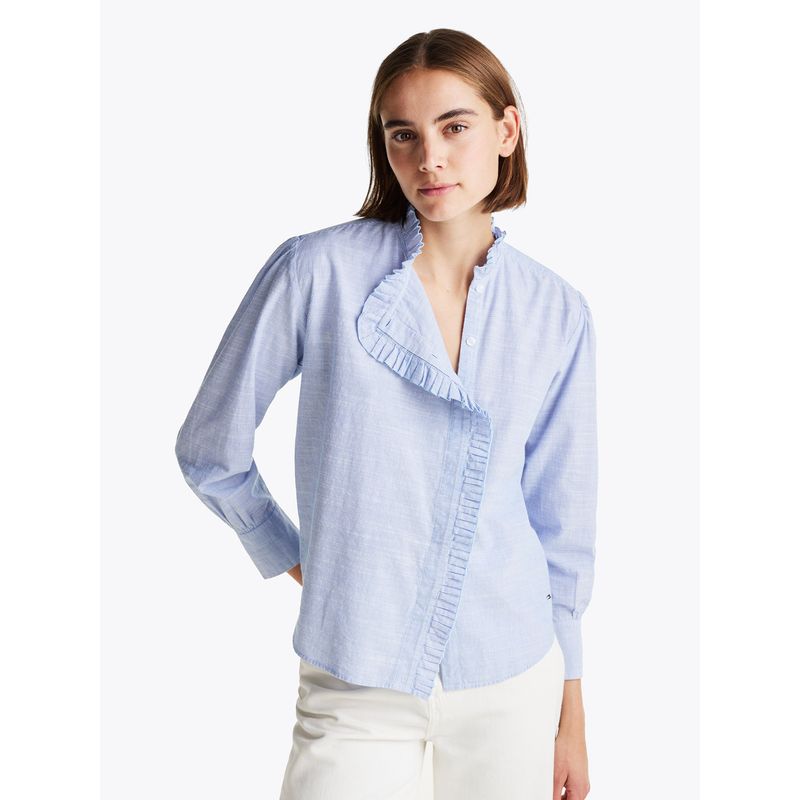 TOMMY HILFIGER - Camisa De Rayas Con Cuello Con Volantes Celeste Tommy Hilfiger