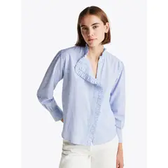 TOMMY HILFIGER - Camisa De Rayas Con Cuello Con Volantes Celeste