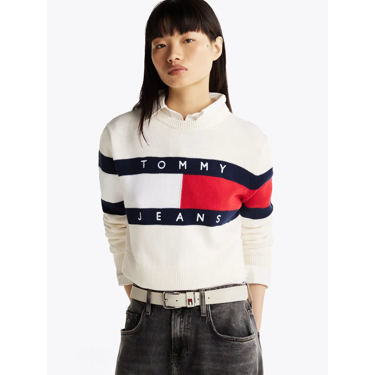 TOMMY HILFIGER - Sweater Color Block Relaxed Con Logo Blanco Tommy Jeans