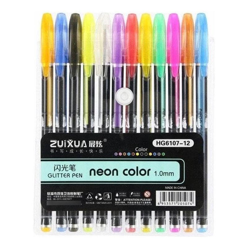 GENERICO - Pack de 12 Lápices Gel Neon Glitter con Tinta Surtida 1mm